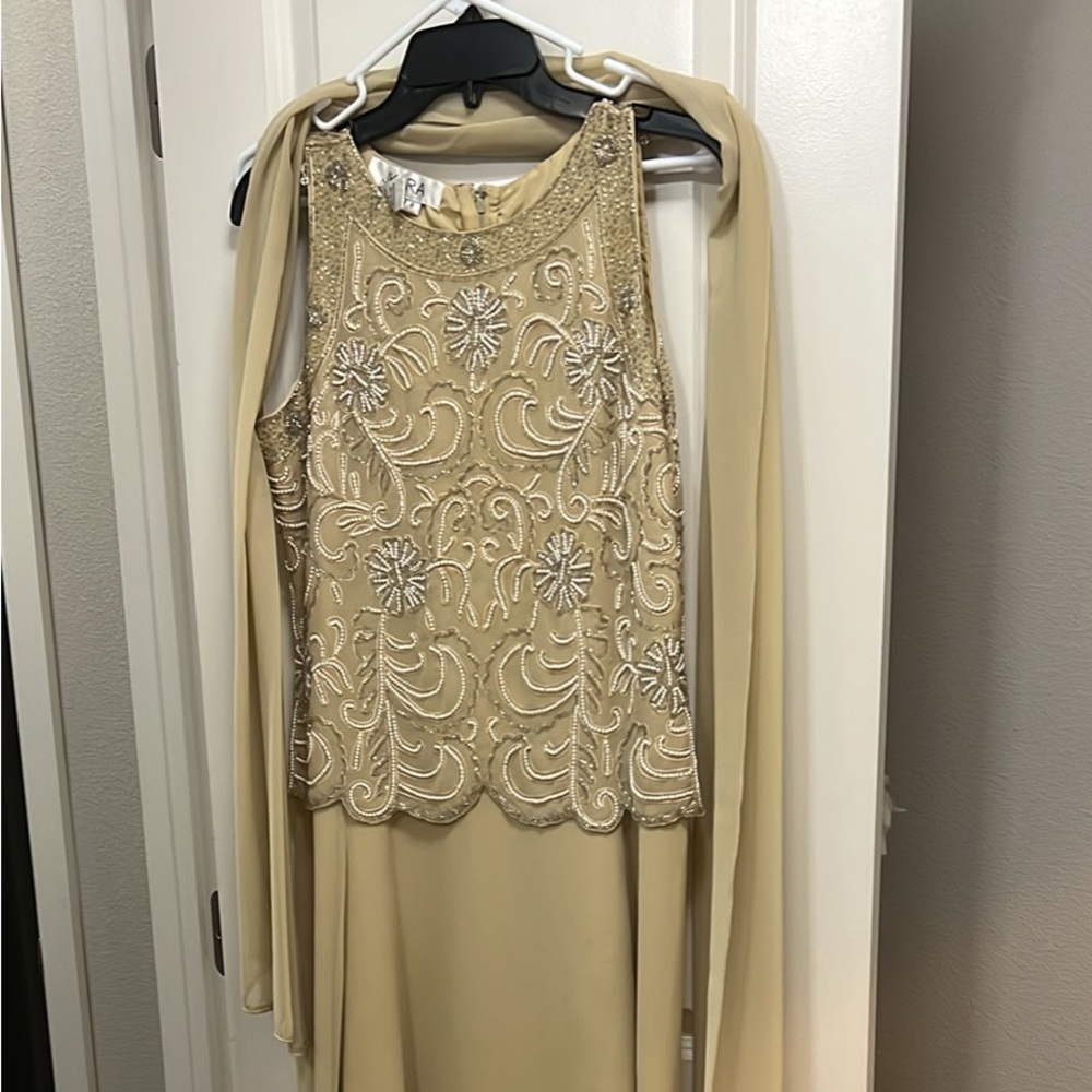 J Kara Cream Sleeveless mother of the groom Dress with Silver Embellishments